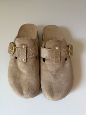 American Eagle Outfitters Taupe Suede Slip-On Clogs with Gold Buckle